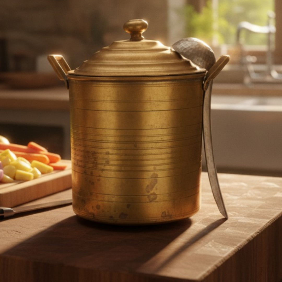 Antique Peetal Long Cooking Bowl with Lid & Ladle | Pure Brass Serving Bowl | Made in 1965