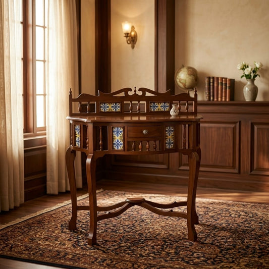 Antique Sagwan Teak Wood Tile-Inlay Vanity Console with Gallery Back | Solid Teak Goan Colonial Writing Table | Inspired by Indo-Portuguese Design