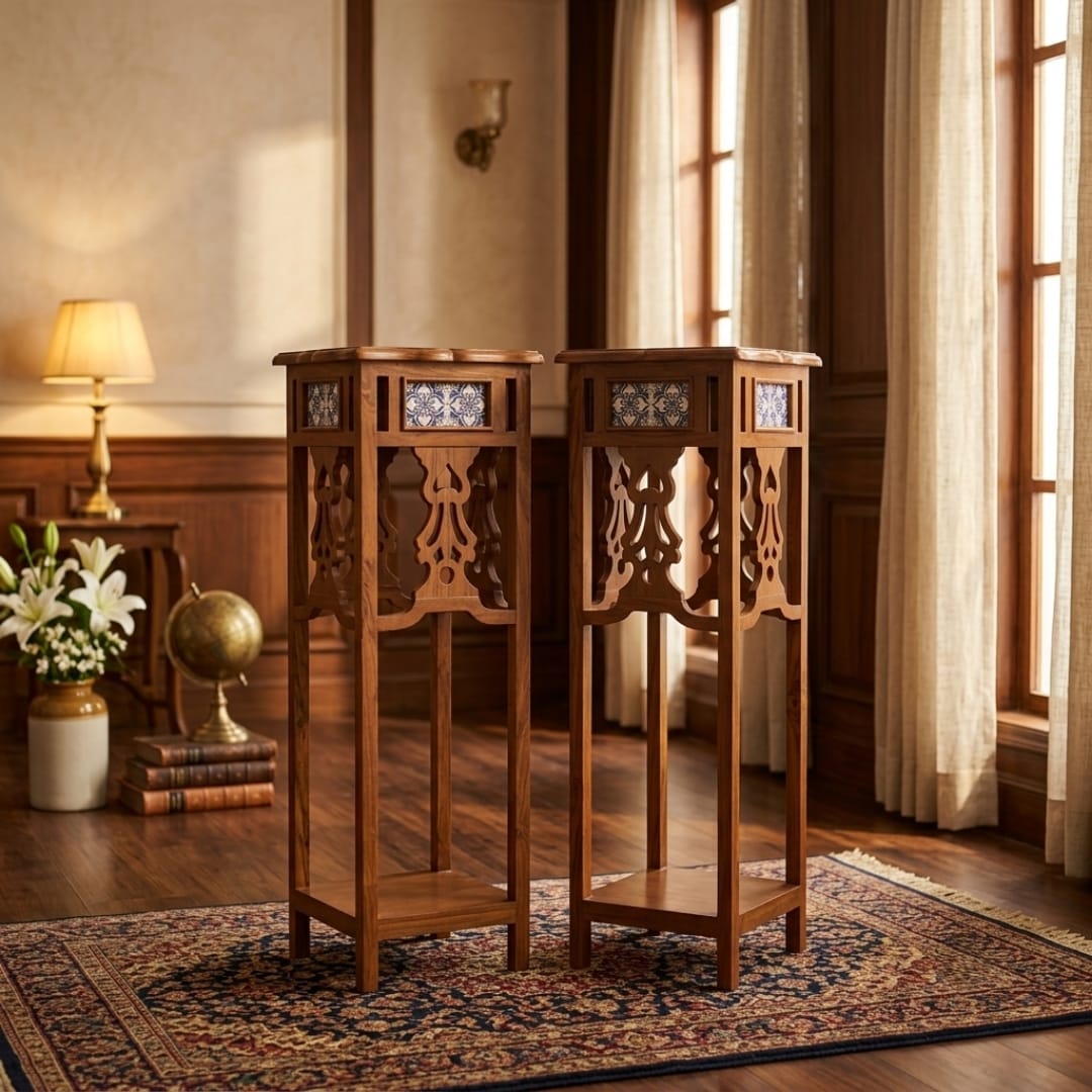 Antique Sagwan Teak Wood Set of 2 Jali-Carved Pedestal Stands | Solid Teak Tile-Inset Plant Stands | Inspired by Indo-Portuguese Design