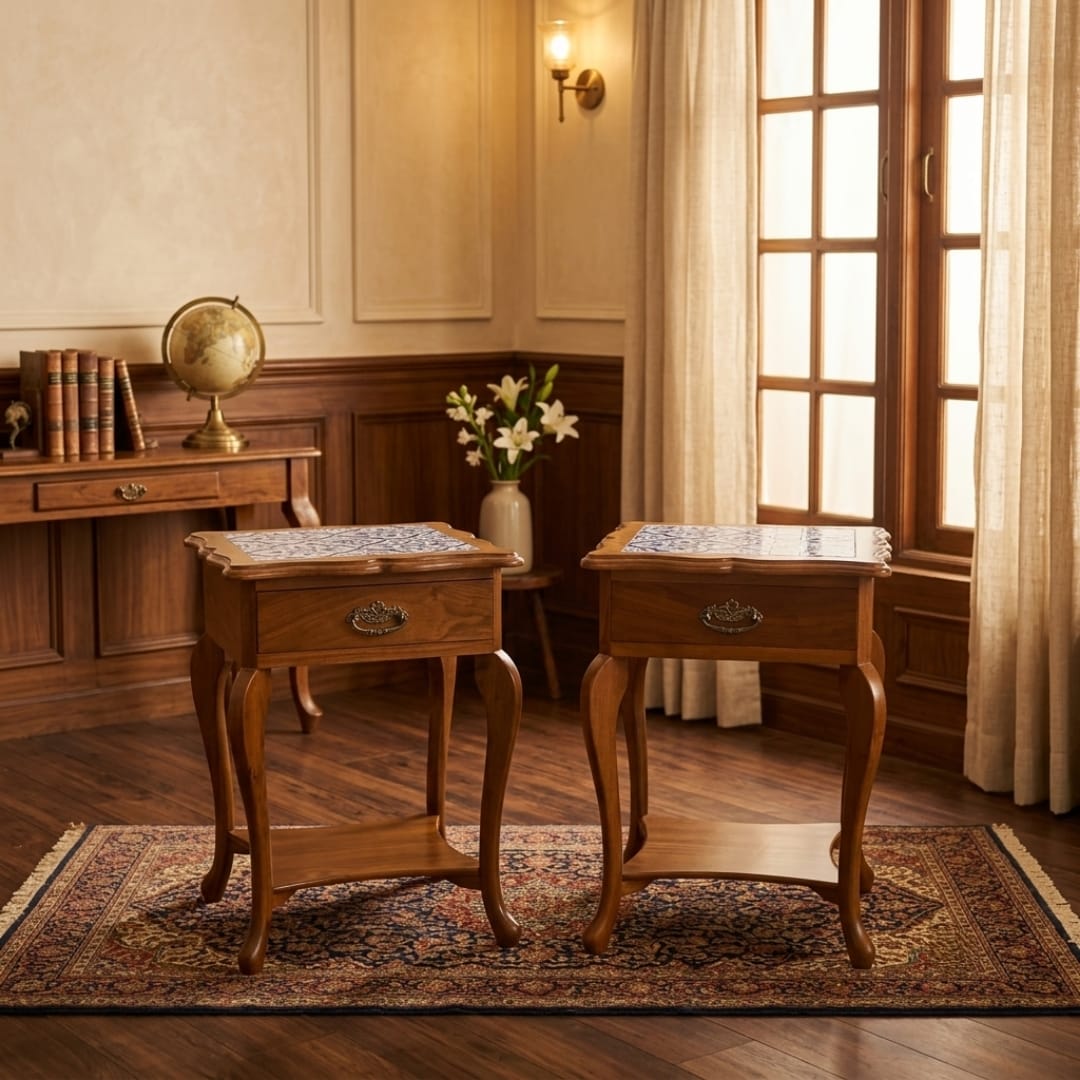 Antique Sagwan Teak Wood Set of 2 Tile-Top Side Tables | Solid Teak Goan Colonial End Tables | Inspired by Indo-Portuguese Design