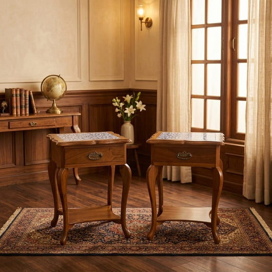 Antique Sagwan Teak Wood Set of 2 Tile-Top Side Tables | Solid Teak Goan Colonial End Tables | Inspired by Indo-Portuguese Design