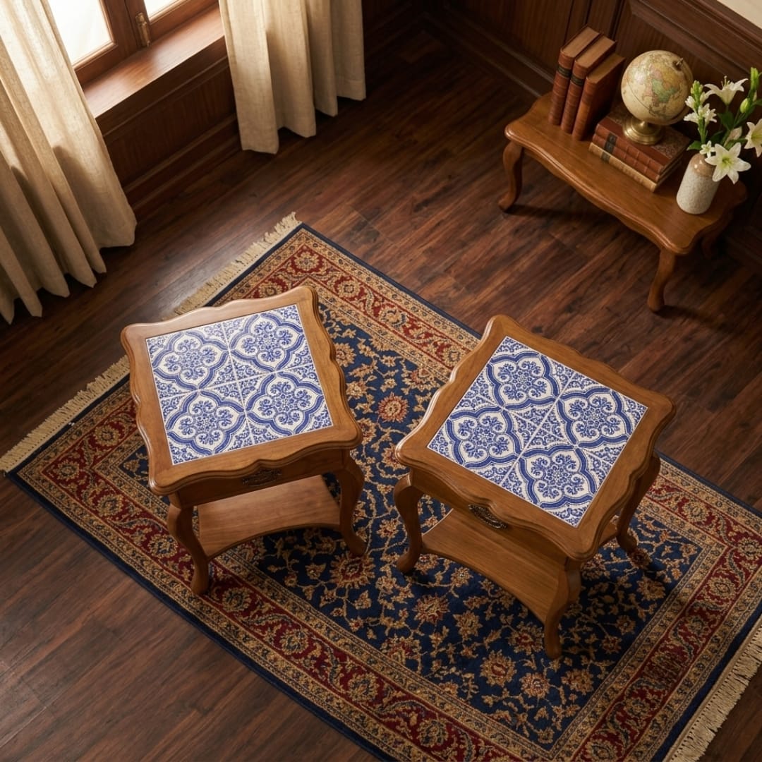 Antique Sagwan Teak Wood Set of 2 Tile-Top Side Tables | Solid Teak Goan Colonial End Tables | Inspired by Indo-Portuguese Design