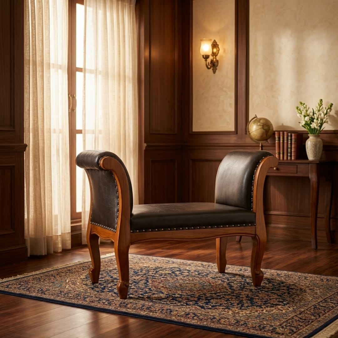 Antique Sagwan Teak Wood Leather Bench with Nailhead Trim | Solid Teak Rolled-Arm Window Seat | Inspired by Victorian Colonial Design