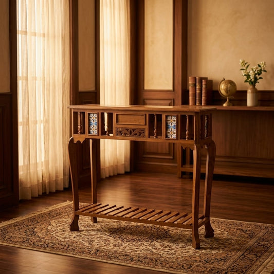 Antique Sagwan Teak Wood Tile-Inlay Console Table | Solid Teak Goan Colonial Hall Table | Inspired by Indo-Portuguese Design