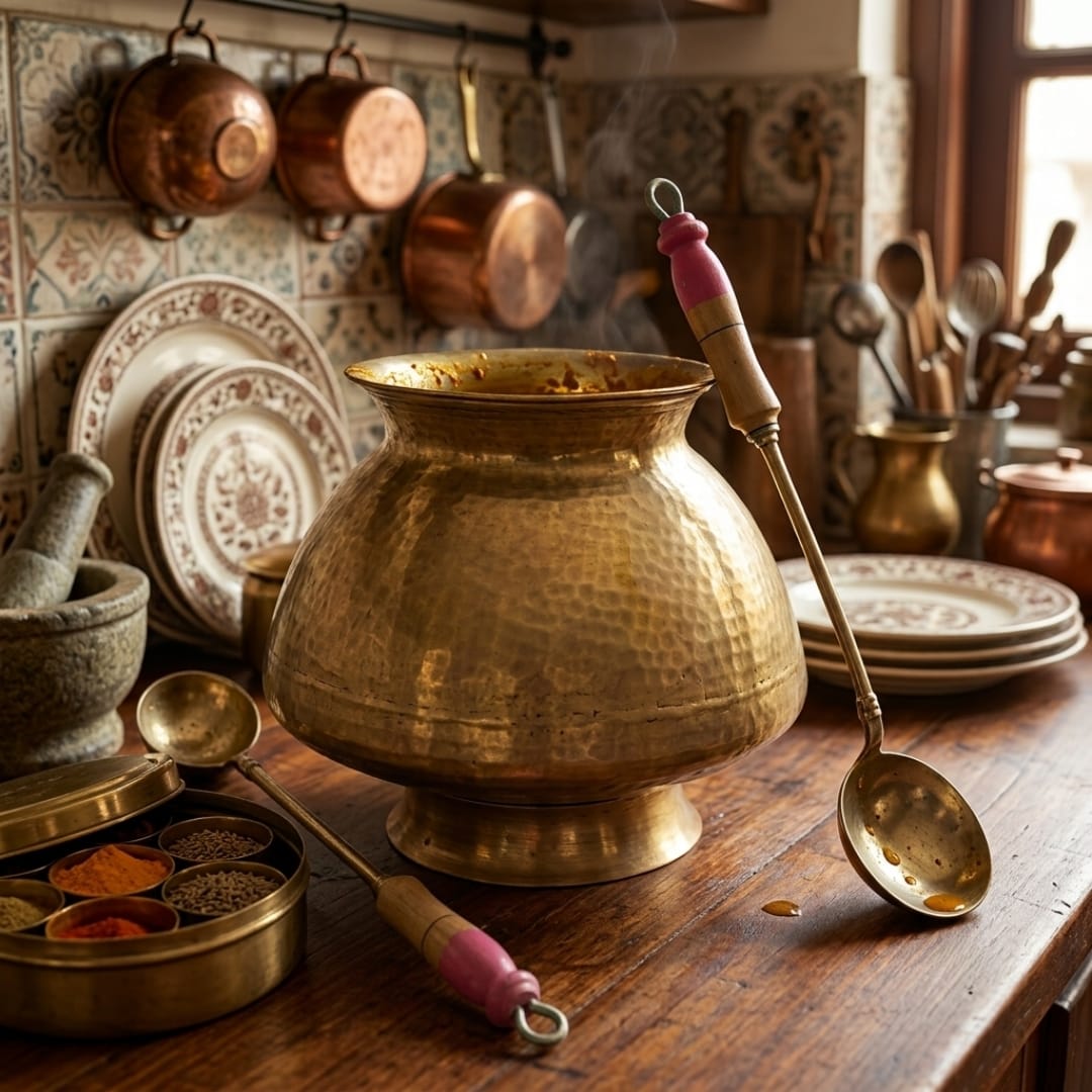 Antique Brass Cooking Pot with Stand and Spoon | Traditional Cooking Vessel | Made in 1975