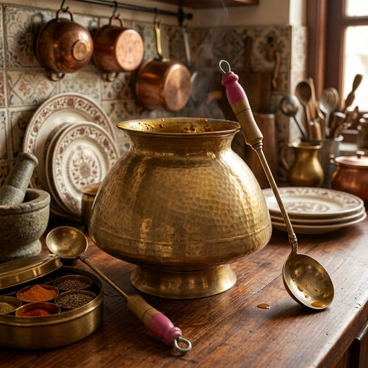 Antique Brass Cooking Pot with Stand and Spoon | Traditional Cooking Vessel | Made in 1975