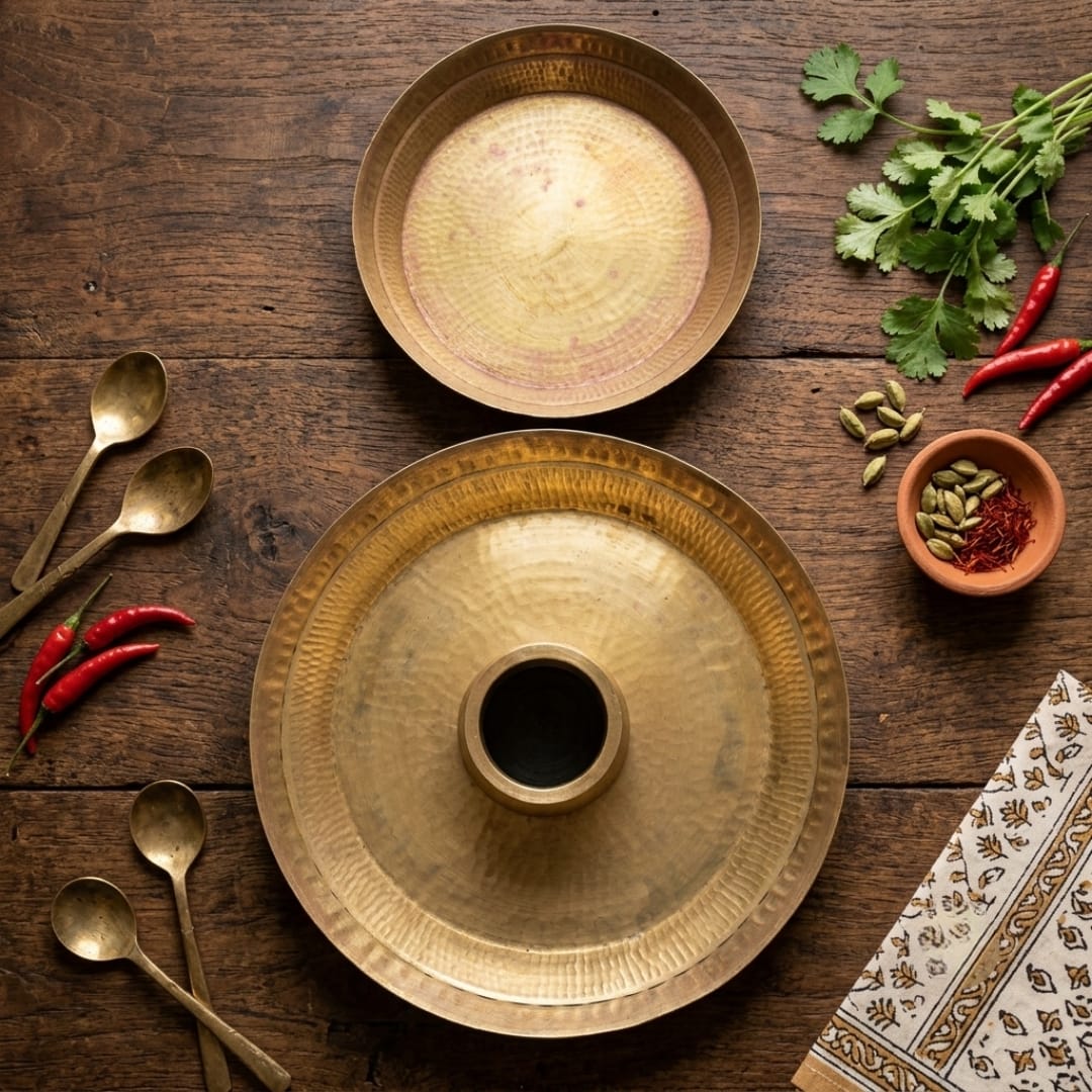 Antique Brass Paraat Set with Pyala and Spoons | Traditional Kitchen Serveware | Made in 1980