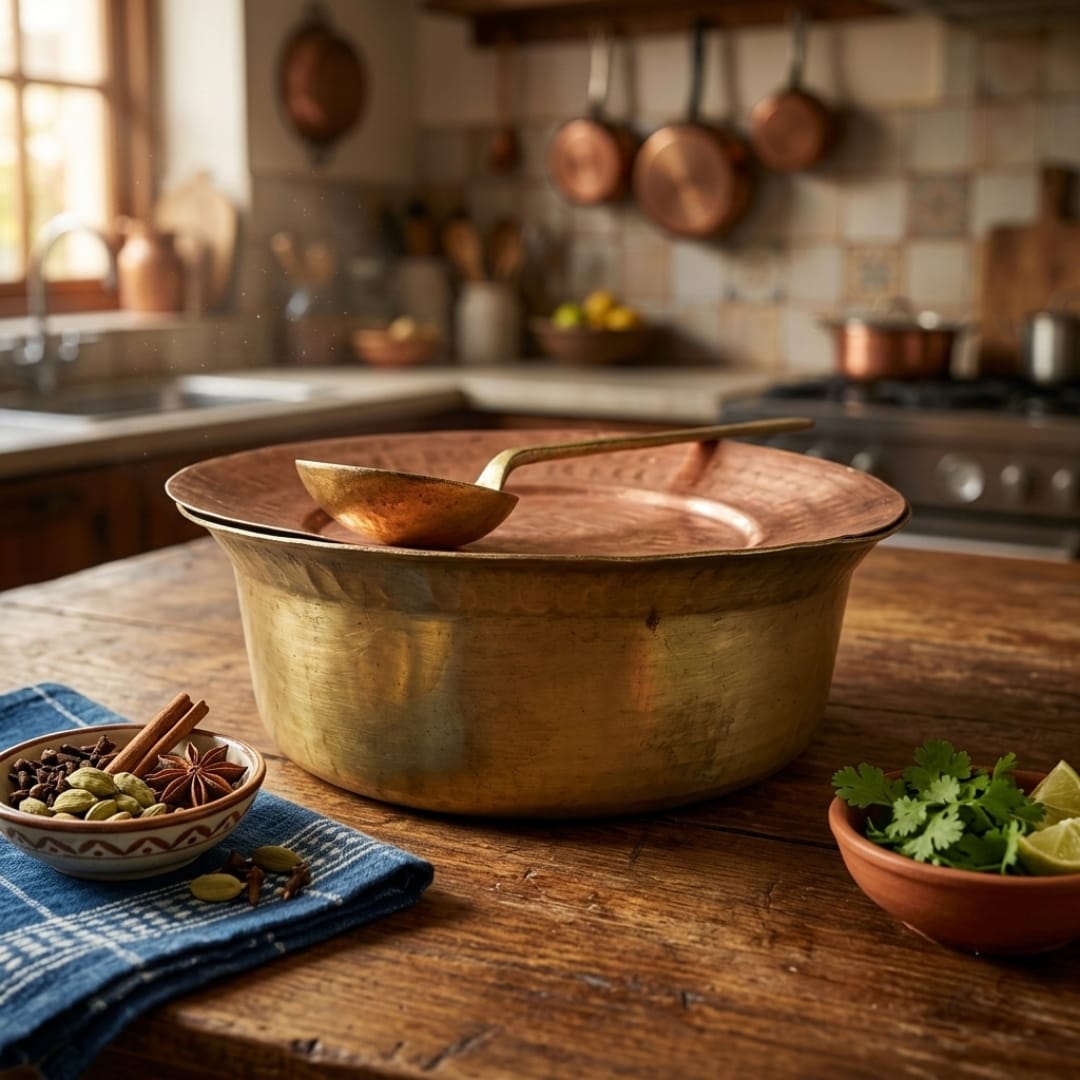Antique Brass Cooking Vessel with Copper Lid | Traditional Mixed Metal Cookware | Made in 1976