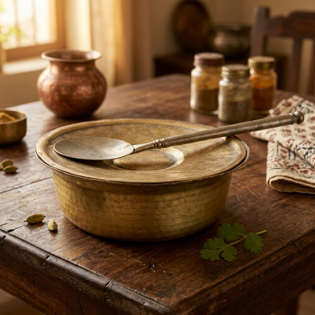 Antique Brass Cooking Pot with Lid and Spoon | Traditional Brass Cooking Vessel | Made in 1989