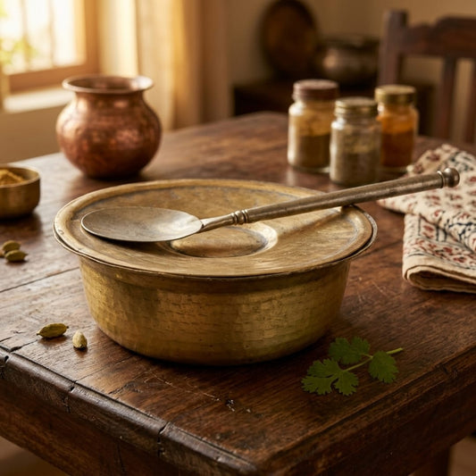 Antique Brass Cooking Pot with Lid and Spoon | Traditional Brass Cooking Vessel | Made in 1989
