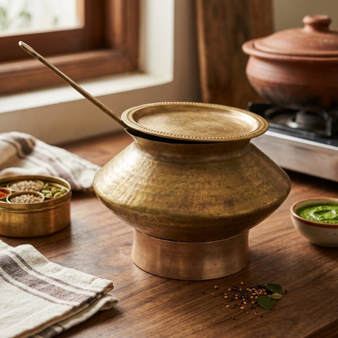 Antique Brass Cooking Pot with Lid and Stand | Traditional Brass Cooking Vessel | Made in 1979