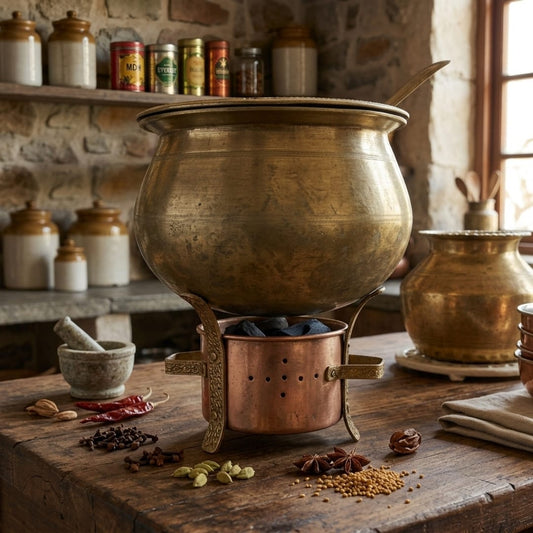 Antique Brass Cooking Pot with Stand and Lid | Traditional Brass Cooking Vessel | Made in 1984