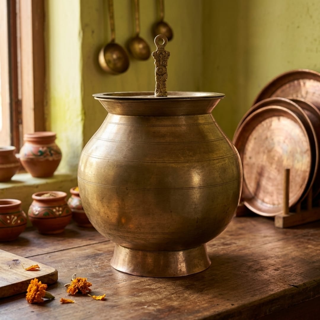 Vintage Brass Cooking Handi with Floral Handle | Traditional Brass Cooking Pot | Made in 1978
