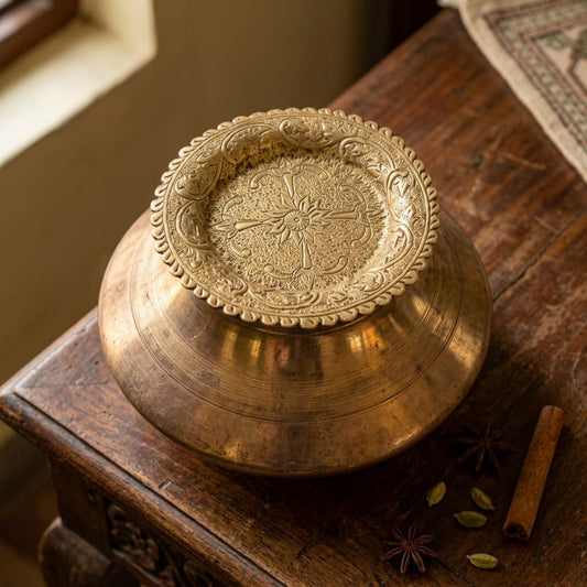 Antique Brass Storage Bowl with Engraved Lid | Traditional Brass Storage Container | Made in 1970