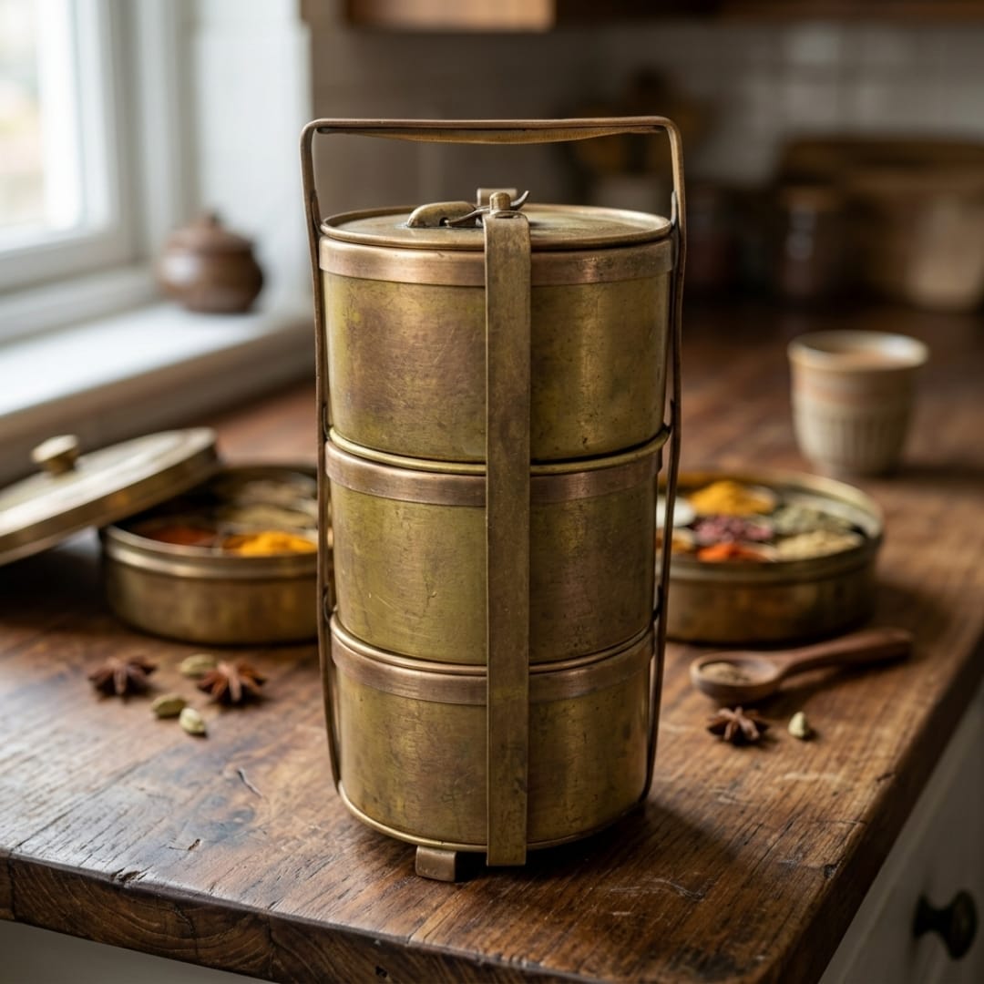Antique Brass Three Tier Cooking Tiffin Box | Brass Lunch Carrier with Handle | Made in 1970
