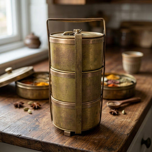 Antique Brass Three Tier Cooking Tiffin Box | Brass Lunch Carrier with Handle | Made in 1970