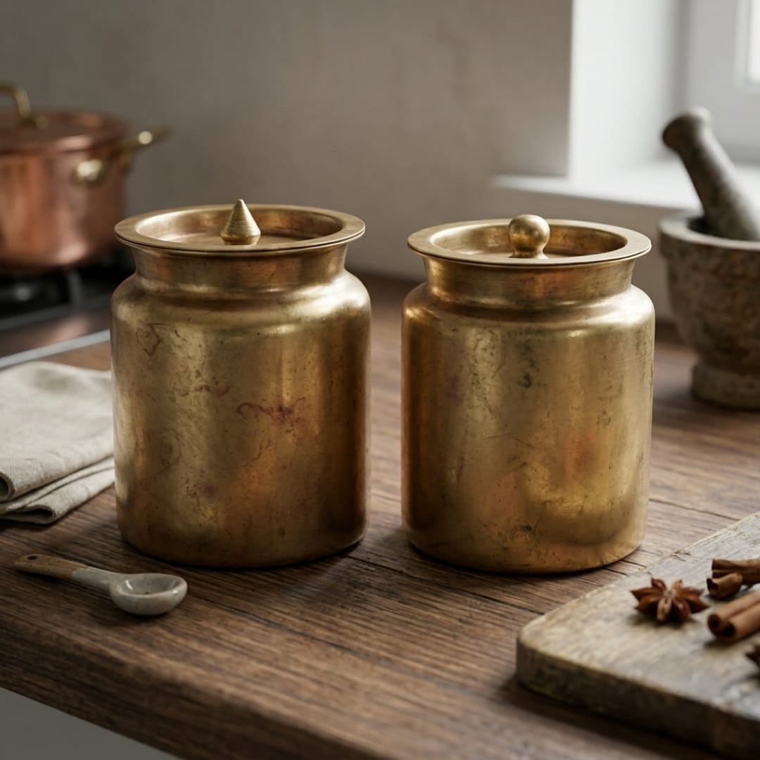 Antique Brass Cooking Storage Canister Pair | Brass Containers with Lids | Made in 1976