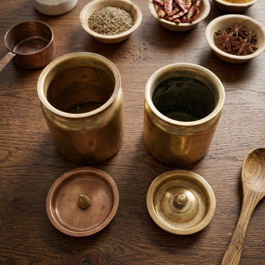 Antique Brass Cooking Storage Canister Pair | Brass Containers with Lids | Made in 1976