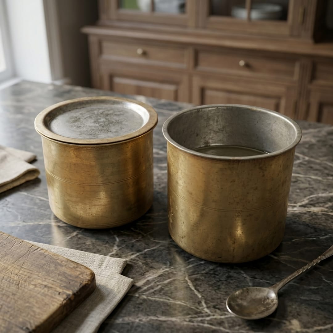 Antique Brass Cooking Storage Container Pair with Lid | Pure Brass Kitchen Canister Set | Made in 1974
