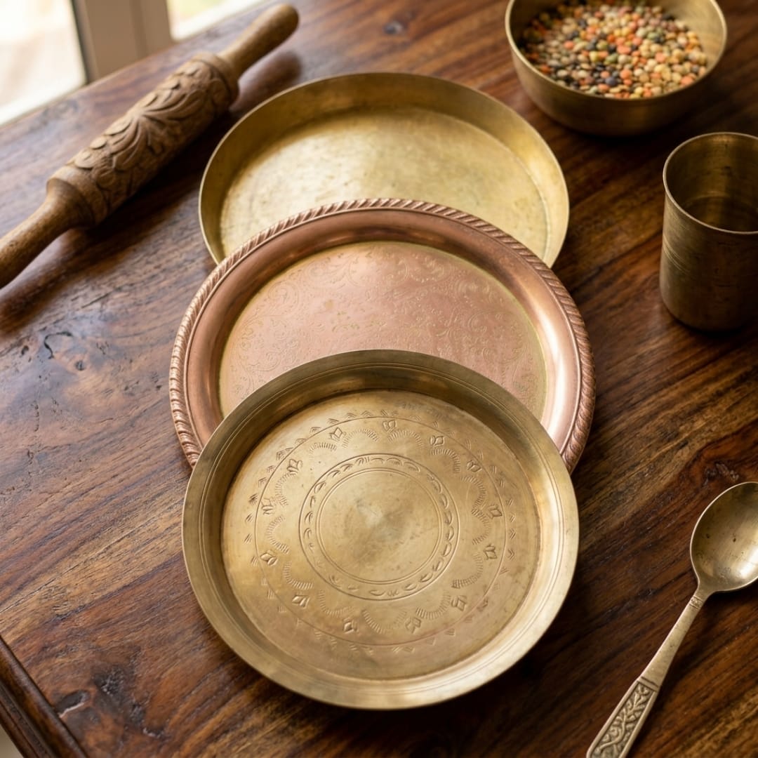 Antique Brass & Copper Serving Plate Set of 3 | Traditional Decorative Thali Collection | Made in 1975
