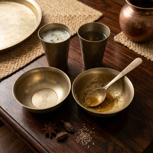 Antique Bronze Glass & Bowl Set | Traditional Bronze Tumblers and Katori Pair | Made in 1971