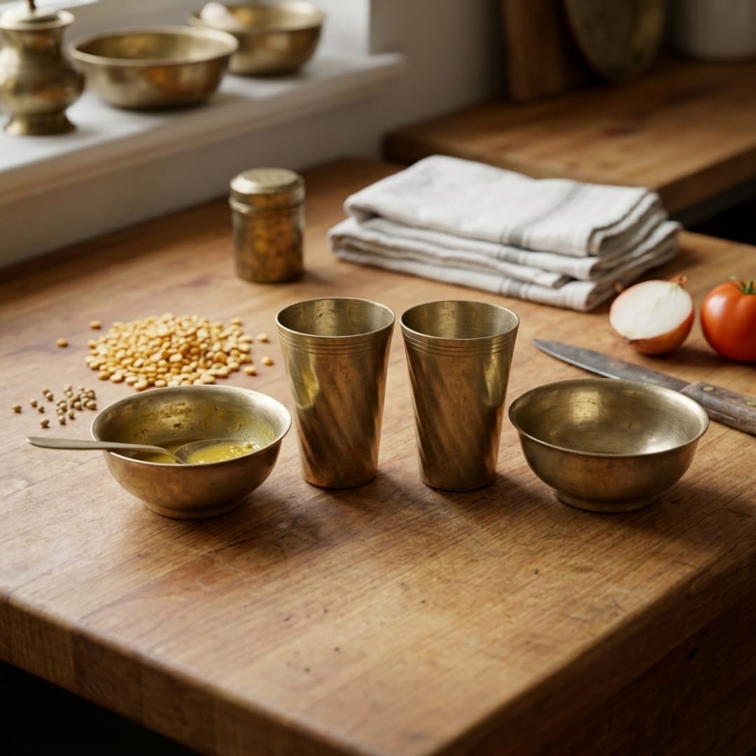Antique Bronze Glass & Bowl Set | Traditional Bronze Tumblers and Katori Pair | Made in 1971