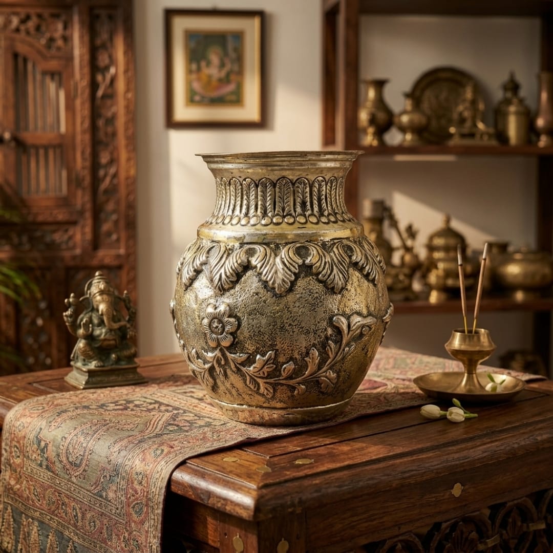 Antique Engraved Brass Flower Vase | Pure Brass Embossed Decorative Vase | Made in 1978