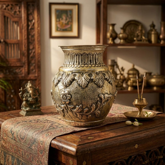 Antique Engraved Brass Flower Vase | Pure Brass Embossed Decorative Vase | Made in 1978