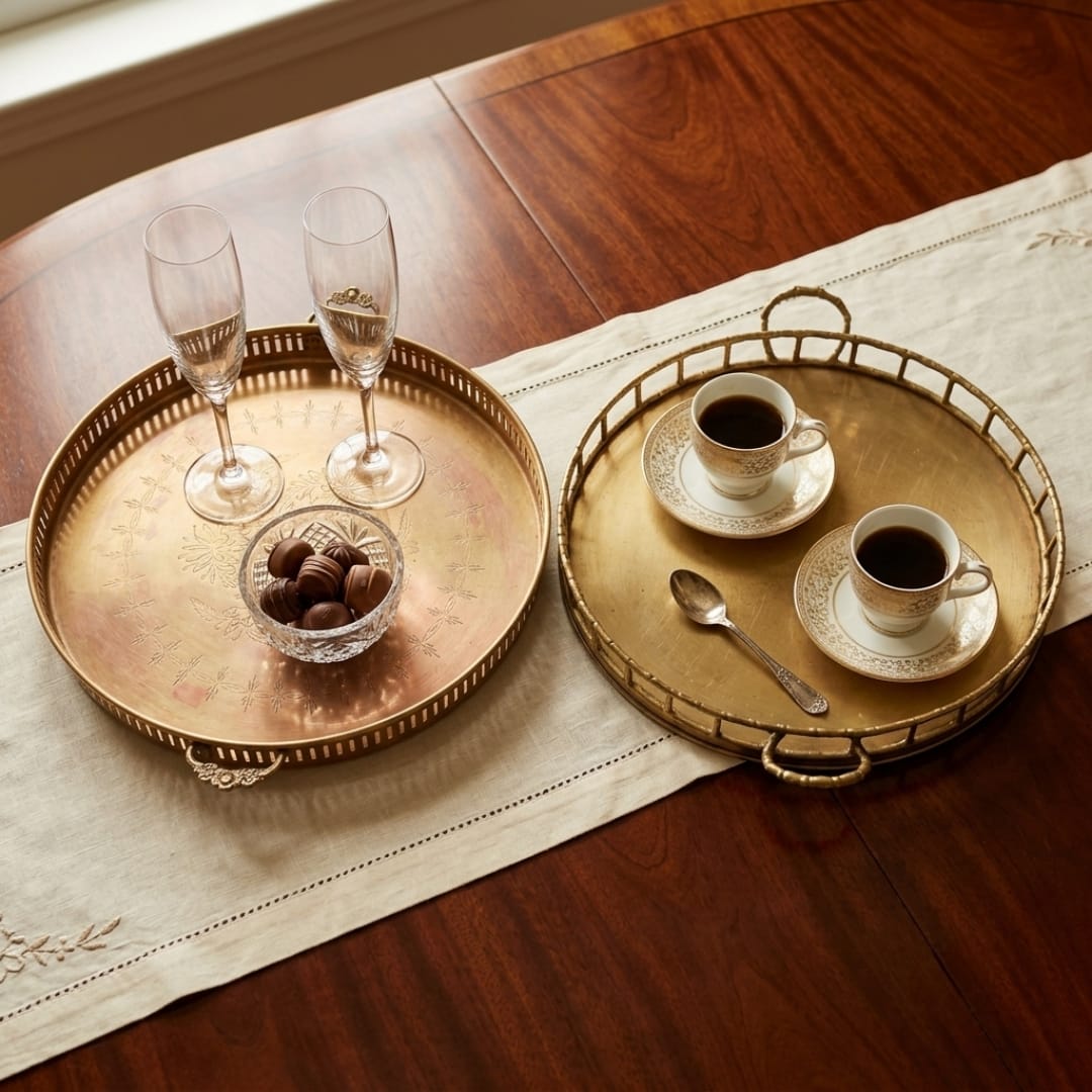 Antique Brass Serving Tray Pair | Round Pure Brass Serving Platters | Made in 1976