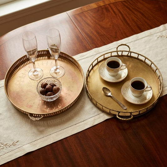Antique Brass Serving Tray Pair | Round Pure Brass Serving Platters | Made in 1976