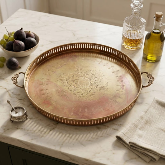 Antique Brass Serving Tray Pair | Round Pure Brass Serving Platters | Made in 1976