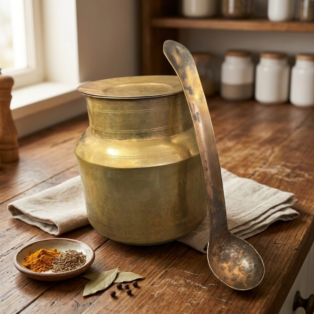 Antique Brass Storage Pot with Brass Serving Ladle | Traditional Pure Brass Kitchen Vessel | Made in 1974