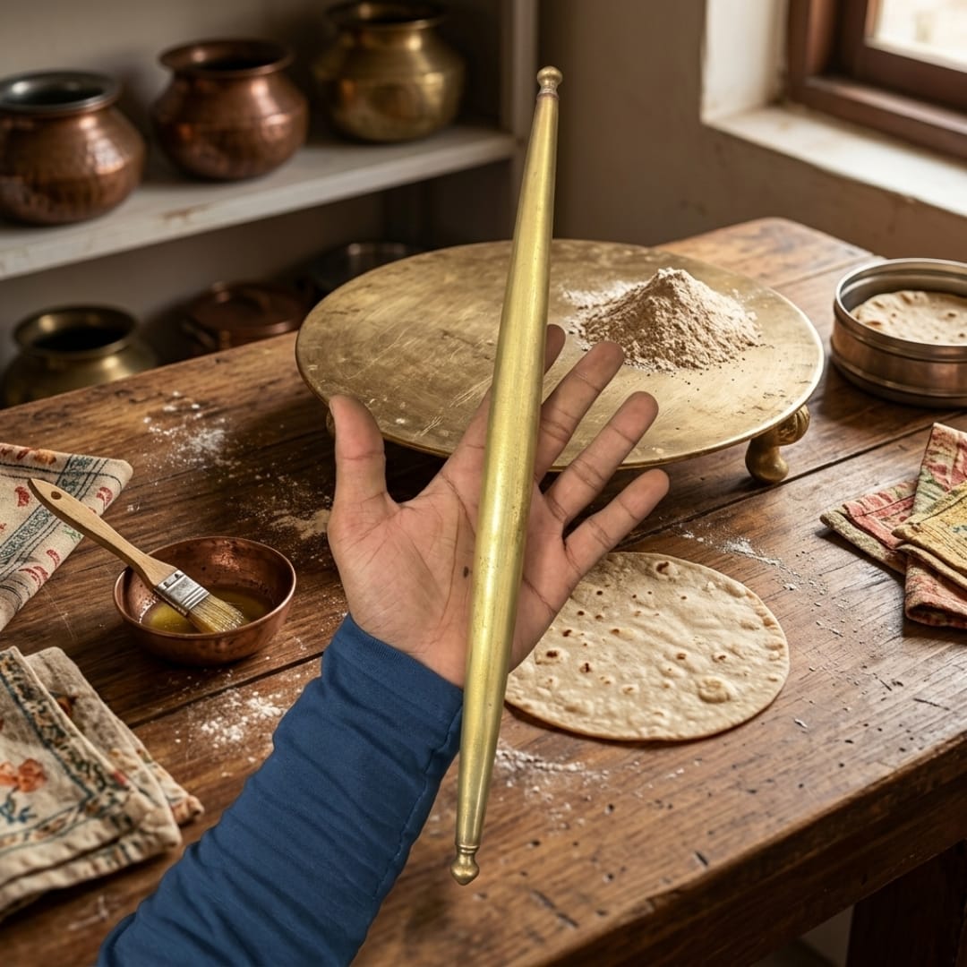 Antique Brass Chakla Belan Set | Pure Brass Roti Rolling Board & Rolling Pin | Made in 1980
