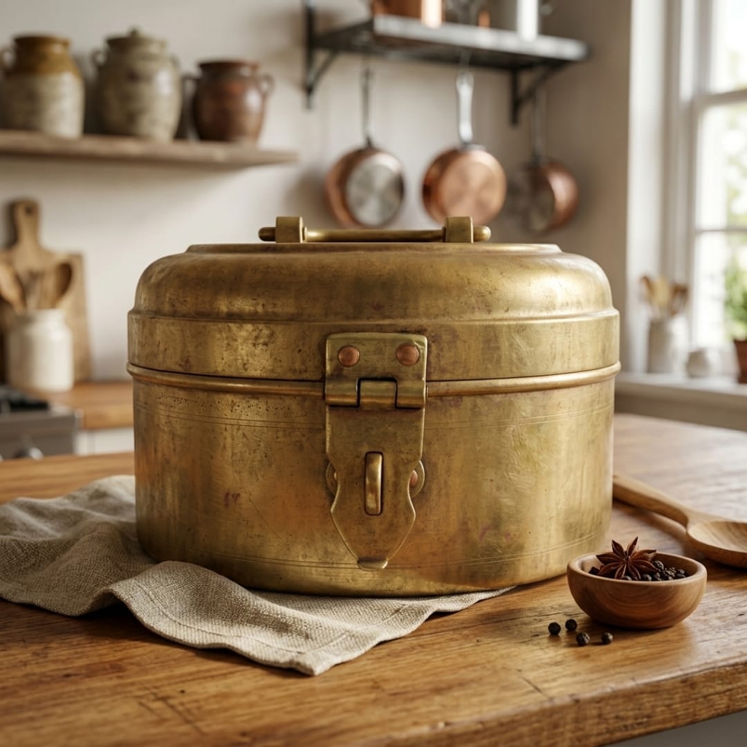 Antique Brass Storage Container with Lid and Handle | Traditional Brass Storage Box | Made in 1985