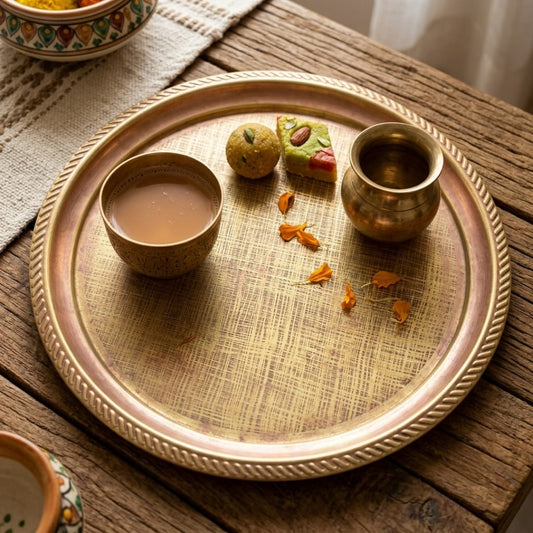Antique Peetal Rope-Edge Serving Plate | Traditional Brass Decorative Tray | Made in 1979