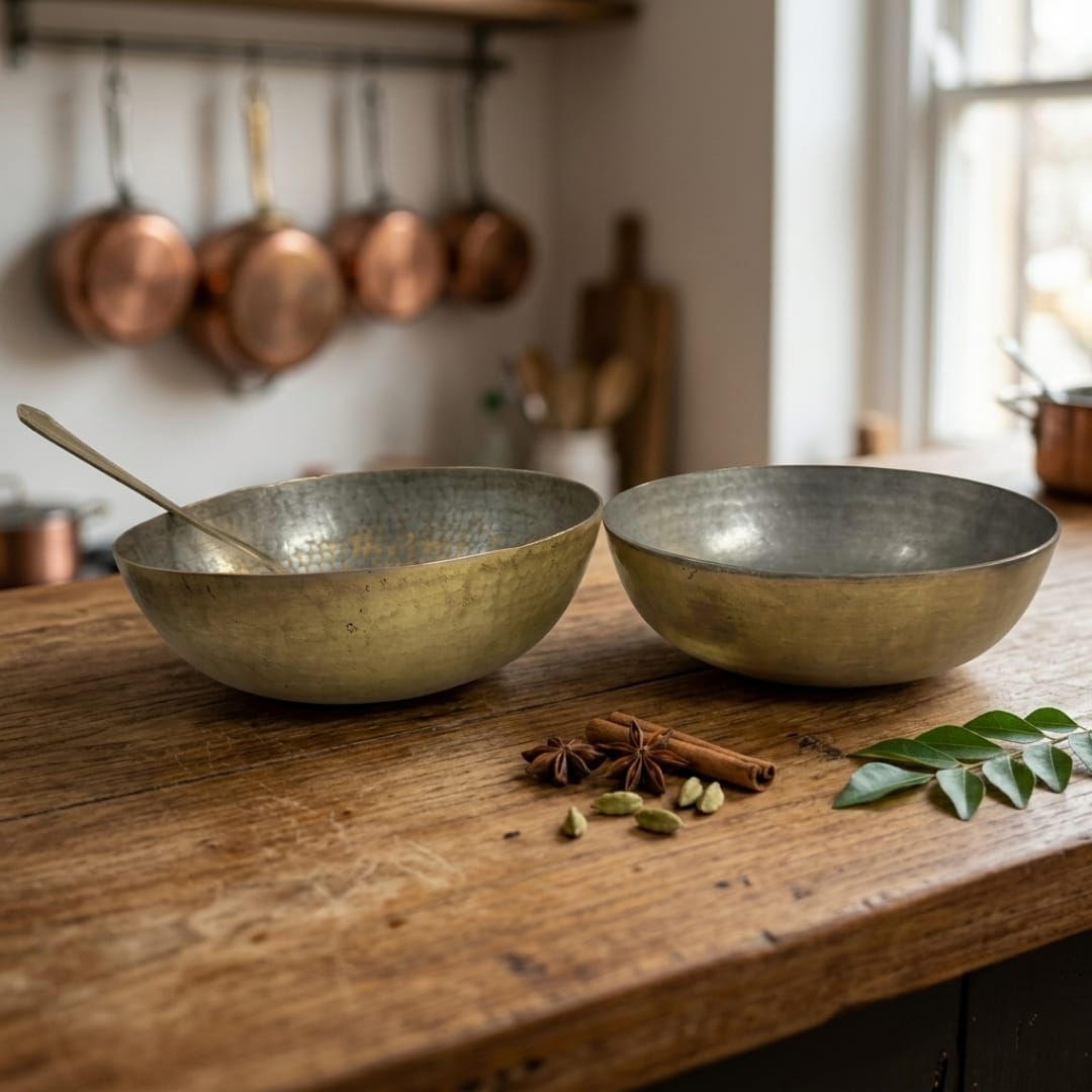 Antique Peetal Set of 2 Hammered Bowls with Tin-Lined Interior | Traditional Brass Serving Bowls | Made in 1982