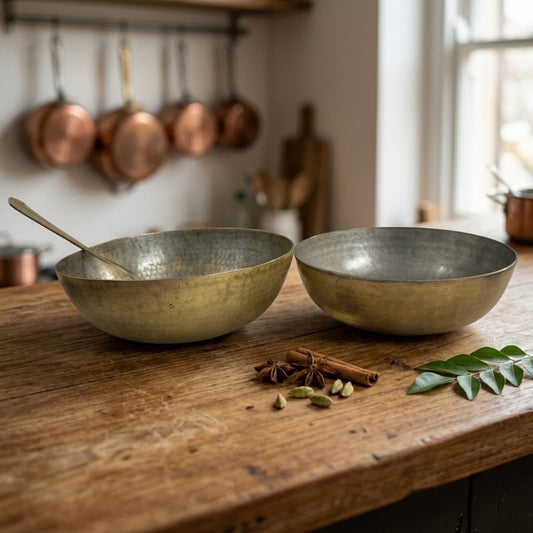 Antique Peetal Set of 2 Hammered Bowls with Tin-Lined Interior | Traditional Brass Serving Bowls | Made in 1982