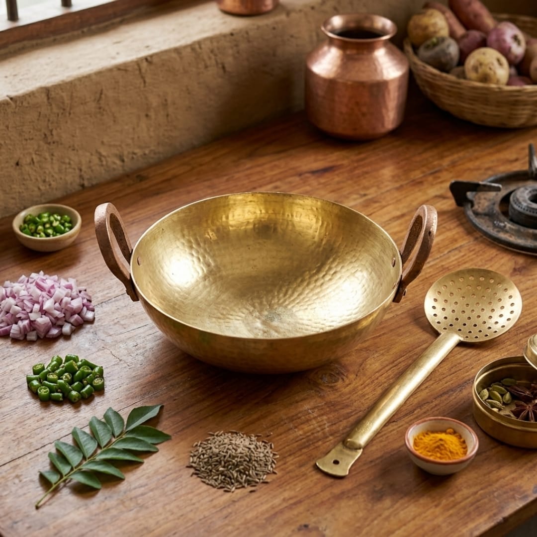 Antique Peetal Kadai with Looped Handles and Slotted Serving Spoon | Traditional Brass Frying Pan | Made in 1981