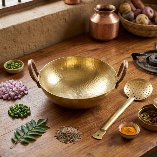 Antique Peetal Kadai with Looped Handles and Slotted Serving Spoon | Traditional Brass Frying Pan | Made in 1981