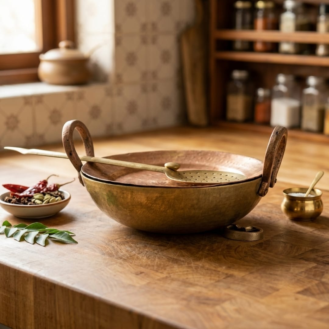 Antique Peetal Kadai with Looped Handles and Slotted Serving Spoon | Traditional Brass Frying Pan | Made in 1981