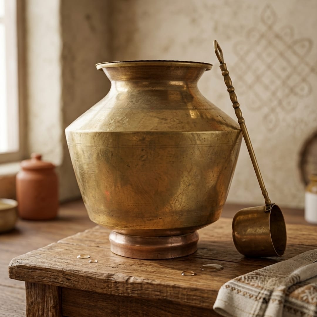 Antique Peetal Wide-Mouth Water Pot with Brass Stand, Engraved Lid and Ladle | Traditional Brass Storage Pot | Made in 1984