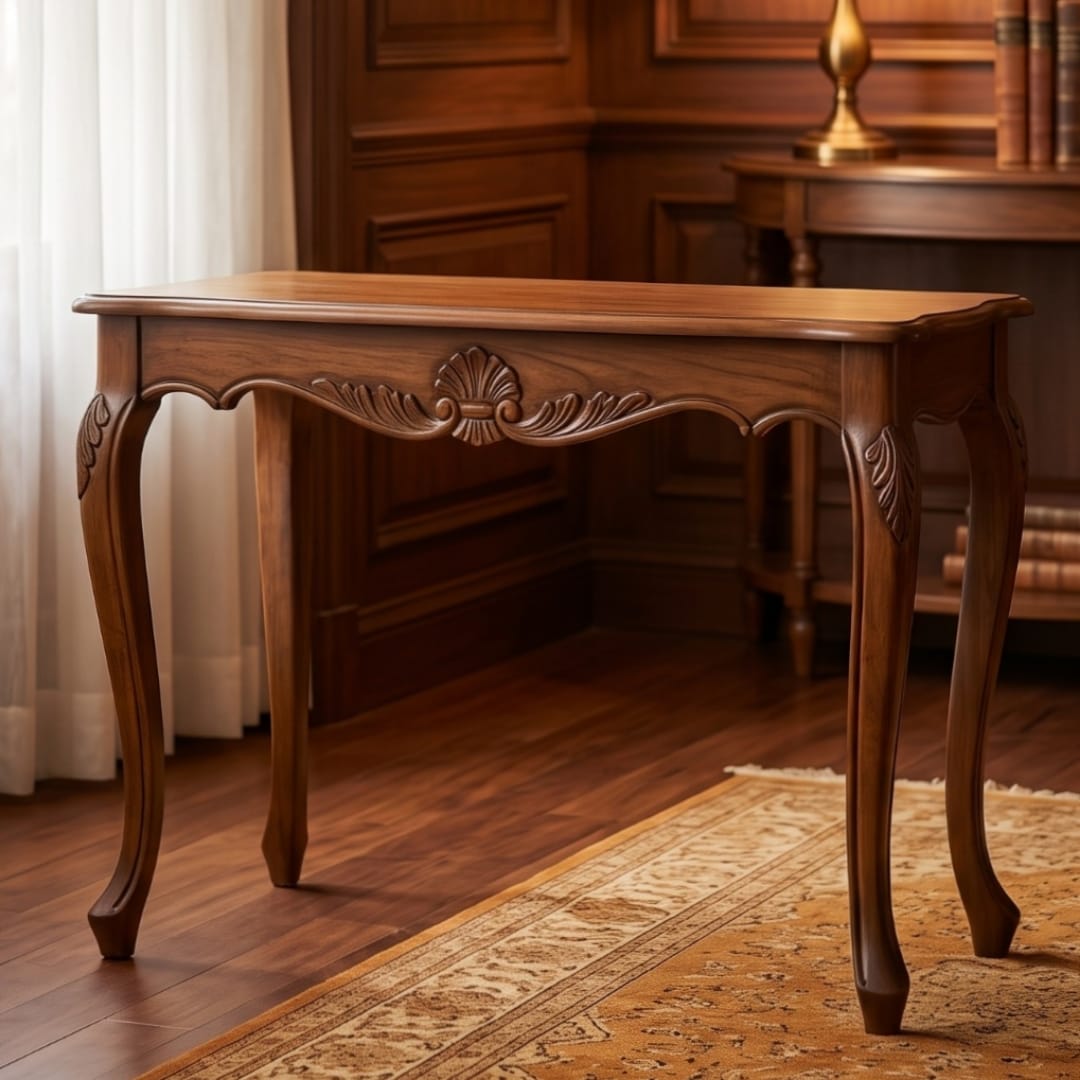 Antique Sagwan Teak Wood Carved Console Table | Solid Teak Shell-Carved Accent Table | Inspired by 1900s French Colonial Design