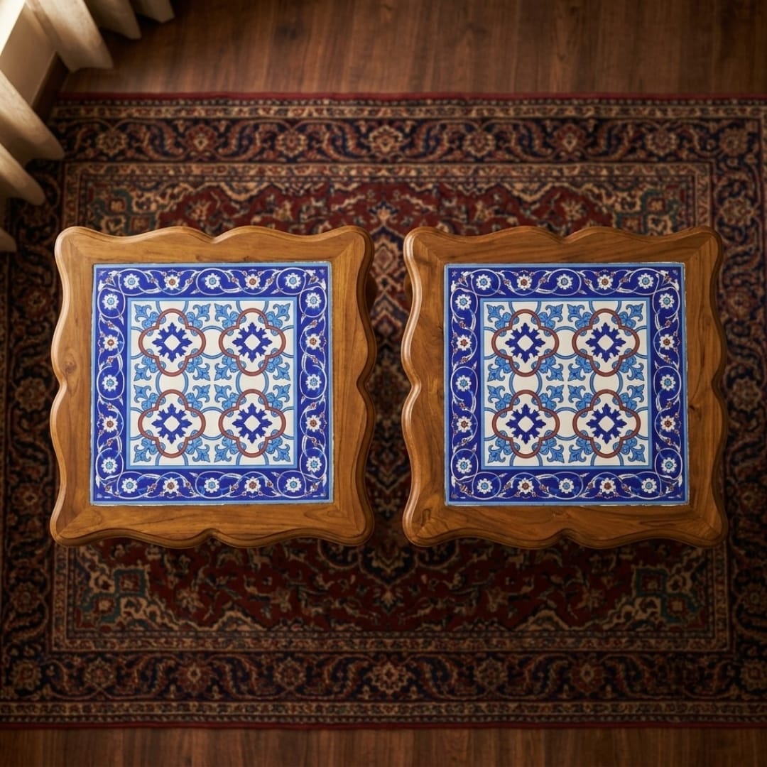 Sagwan Teak Wood Blue Pottery Tiled Side Table | Solid Teak Scalloped-Edge Accent Table with Hand-Painted Ceramic Tile Top | Inspired by 19th Century Indo-Persian Blue Pottery Tradition
