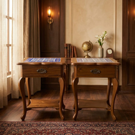 Sagwan Teak Wood Blue Pottery Tiled Side Table | Solid Teak Scalloped-Edge Accent Table with Hand-Painted Ceramic Tile Top | Inspired by 19th Century Indo-Persian Blue Pottery Tradition