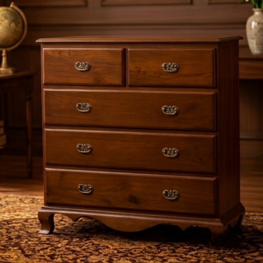 Sagwan Teak Wood 5-Drawer Chest | Solid Teak Brass Pierced-Pull Bedroom Dresser | Inspired by 18th Century English Georgian Design