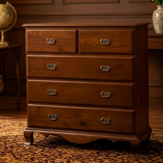 Sagwan Teak Wood 5-Drawer Chest | Solid Teak Brass Pierced-Pull Bedroom Dresser | Inspired by 18th Century English Georgian Design