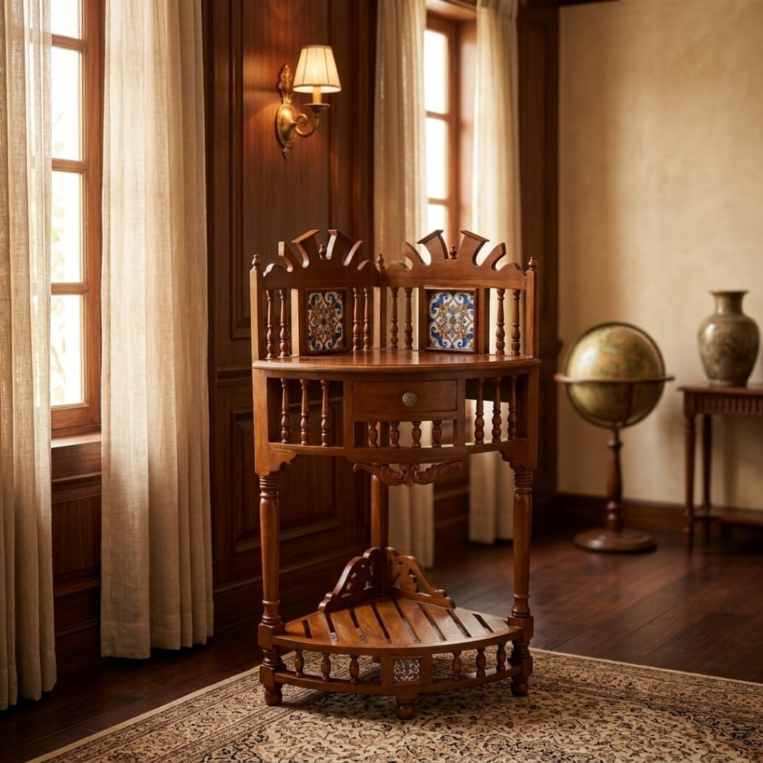 Antique Sagwan Teak Wood Corner Stand with Tile Panels | Solid Teak Goan Colonial Corner Console | Inspired by Indo-Portuguese Design