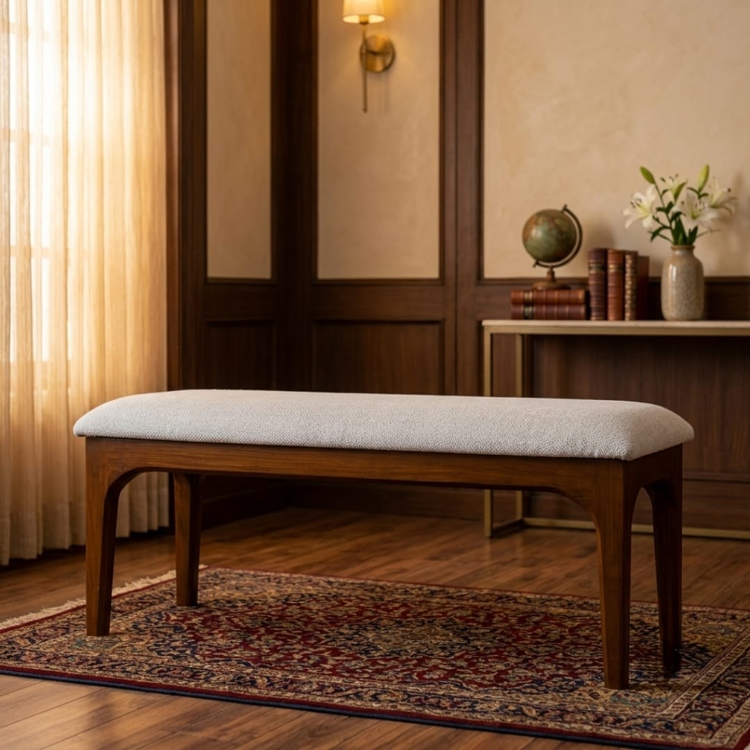 Antique Sagwan Teak Wood Upholstered Bench | Solid Teak Dining Bench | Inspired by Mid-Century Modern Design