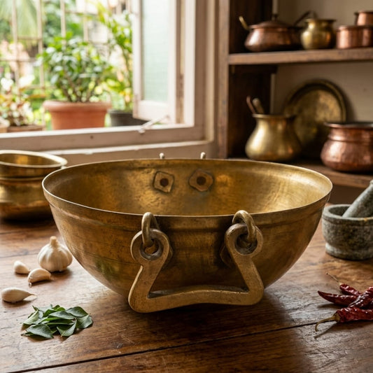 Antique Peetal Ghangalam with Riveted Ring Handles | Traditional Brass Ghangalam Bowl | Made in 1969