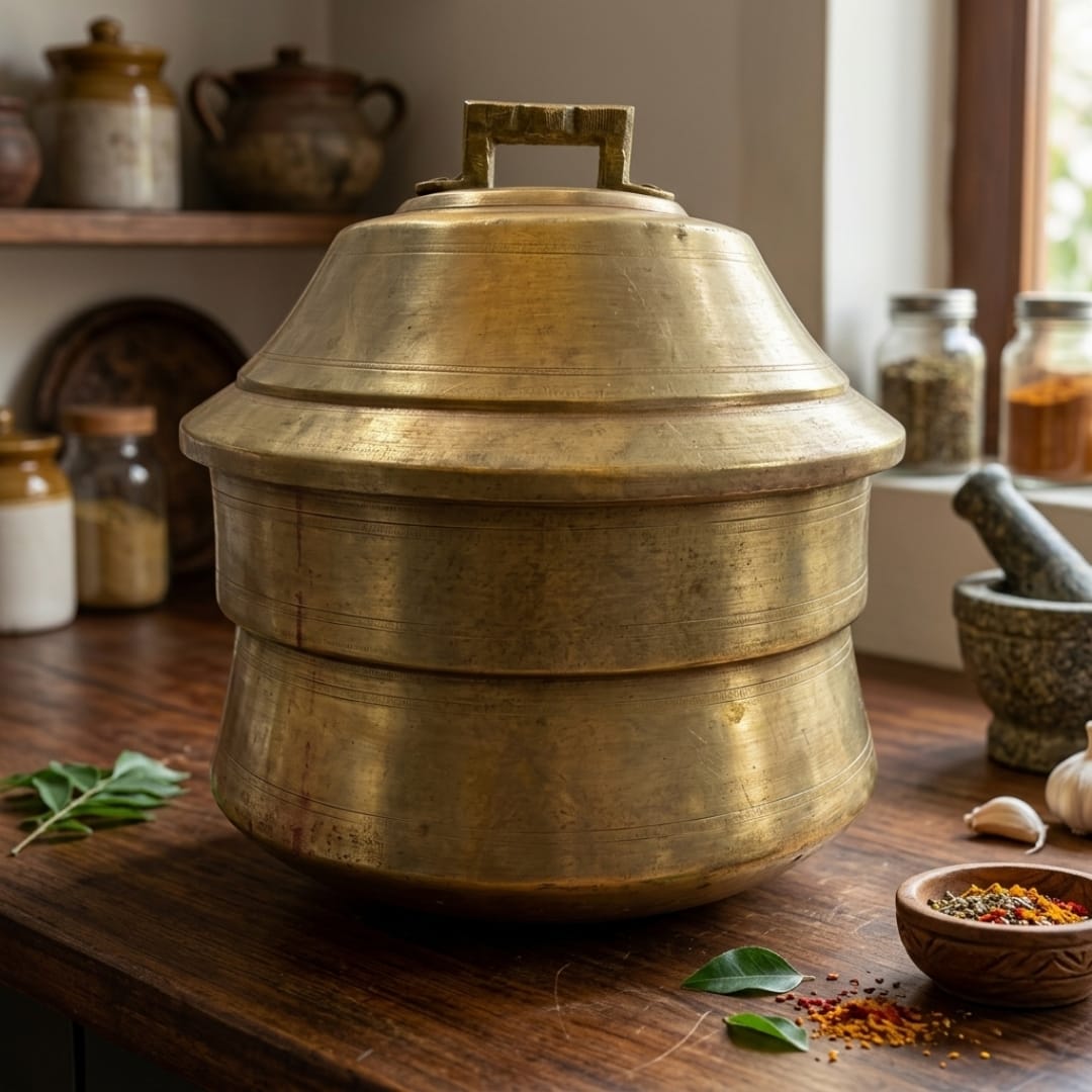 Antique Peetal Tiered Steamer Pot with Perforated Insert and Lid | Traditional Brass Steaming Vessel | Made in 1974